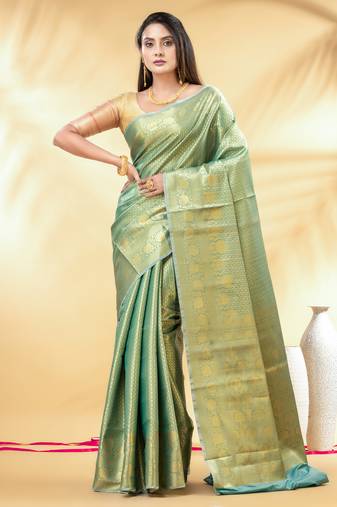turquoise blue katan banarasi silk blend saree with gold zari weaving