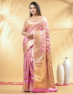 pink katan banarasi silk blend saree with golden zari weaving 1