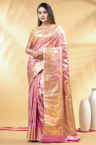 pink katan banarasi silk blend saree with golden zari weaving