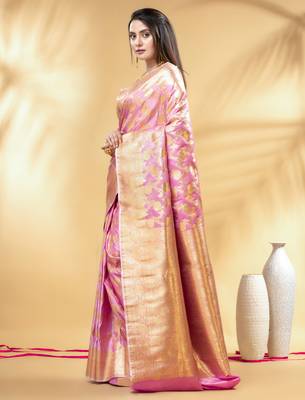 pink katan banarasi silk blend saree with golden zari weaving 2