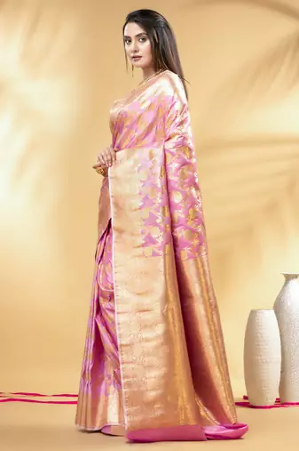 pink katan banarasi silk blend saree with golden zari weaving