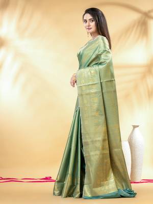 turquoise blue katan banarasi silk blend saree with gold zari weaving 2