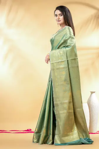 turquoise blue katan banarasi silk blend saree with gold zari weaving