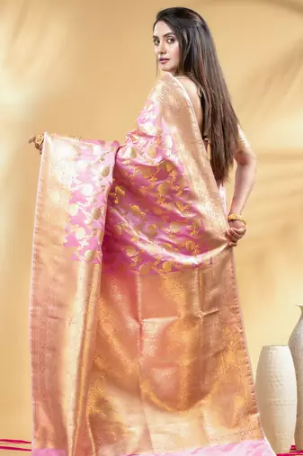 pink katan banarasi silk blend saree with golden zari weaving