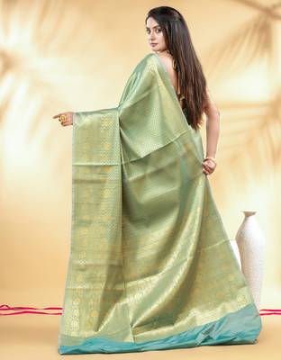 turquoise blue katan banarasi silk blend saree with gold zari weaving 3