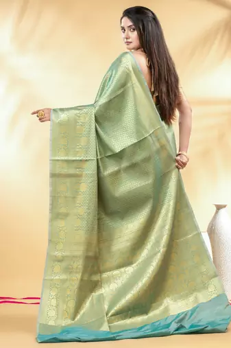 turquoise blue katan banarasi silk blend saree with gold zari weaving