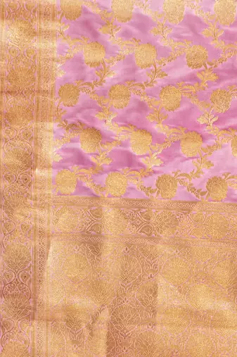 pink katan banarasi silk blend saree with golden zari weaving