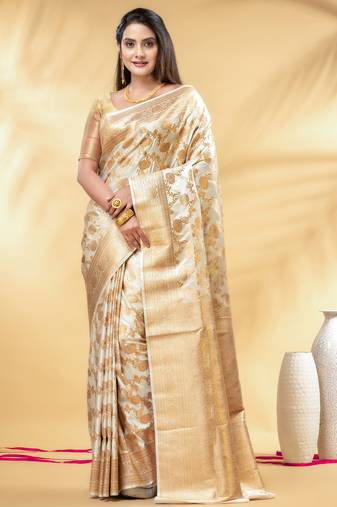 white katan banarasi silk blend saree with golden zari weaving
