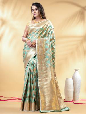 sea green katan banarasi silk blend saree with golden zari weaving 1