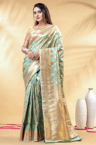sea green katan banarasi silk blend saree with golden zari weaving
