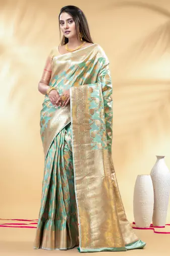 sea green katan banarasi silk blend saree with golden zari weaving