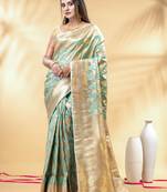 sea green katan banarasi silk blend saree with golden zari weaving