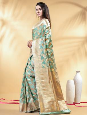 sea green katan banarasi silk blend saree with golden zari weaving 2