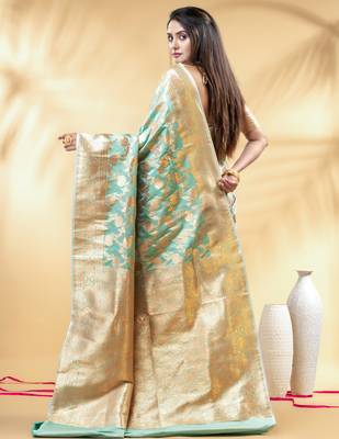 sea green katan banarasi silk blend saree with golden zari weaving 3