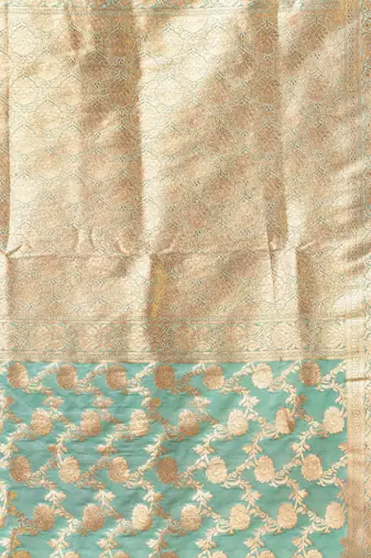 sea green katan banarasi silk blend saree with golden zari weaving