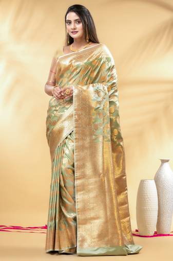 pistachio green katan banarasi silk blend saree with golden zari weaving