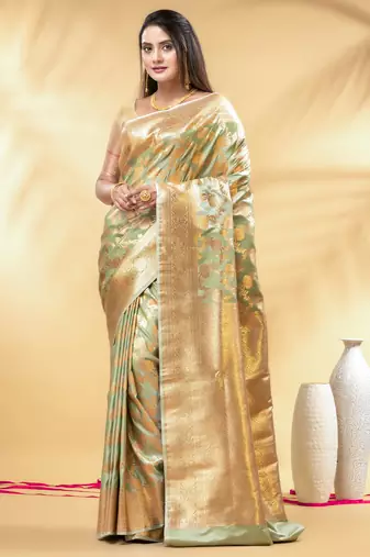 pistachio green katan banarasi silk blend saree with golden zari weaving