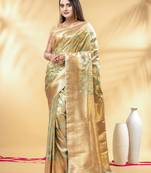pistachio green katan banarasi silk blend saree with golden zari weaving