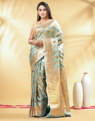 mint green katan banarasi silk blend saree with golden zari weaving 1