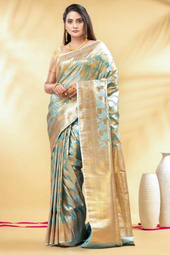 mint green katan banarasi silk blend saree with golden zari weaving
