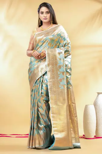 mint green katan banarasi silk blend saree with golden zari weaving