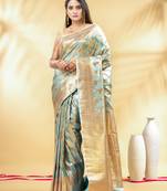 mint green katan banarasi silk blend saree with golden zari weaving