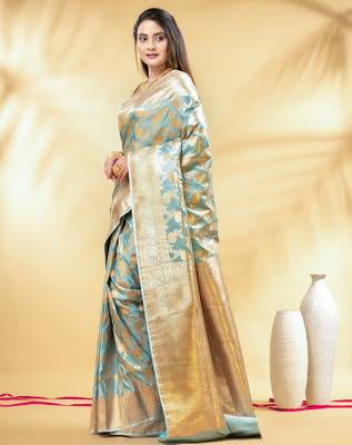 mint green katan banarasi silk blend saree with golden zari weaving 2