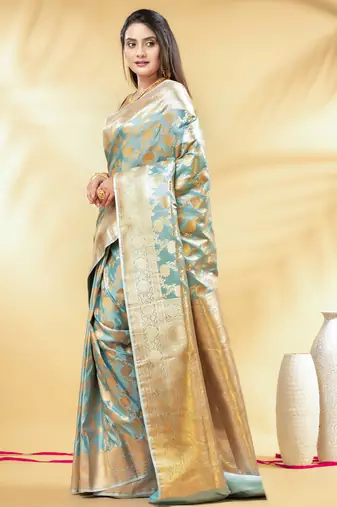 mint green katan banarasi silk blend saree with golden zari weaving
