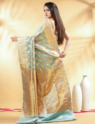 mint green katan banarasi silk blend saree with golden zari weaving 3