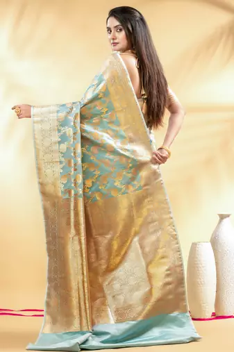 mint green katan banarasi silk blend saree with golden zari weaving