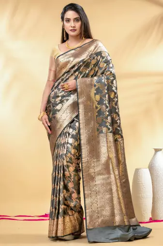 grey katan banarasi silk blend saree with golden zari weaving