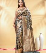grey katan banarasi silk blend saree with golden zari weaving