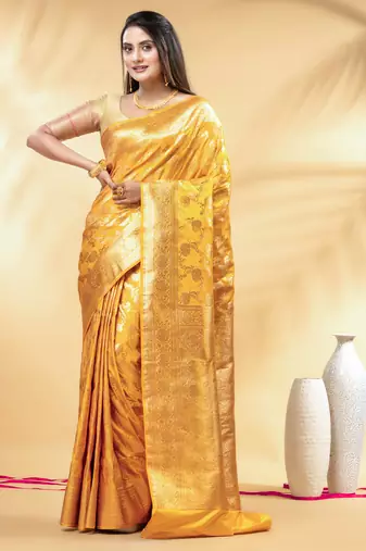 mustard katan banarasi silk blend saree with golden zari weaving