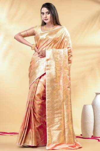 peach katan banarasi silk blend saree with golden zari weaving