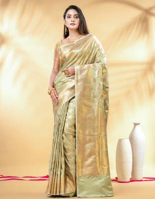 pistachio green katan banarasi silk blend saree with golden zari weaving 1