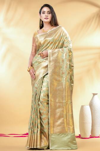 pistachio green katan banarasi silk blend saree with golden zari weaving