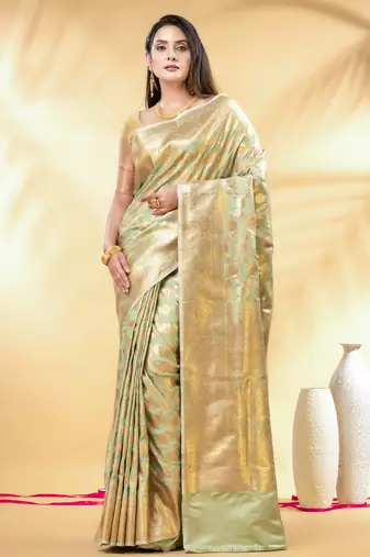 pistachio green katan banarasi silk blend saree with golden zari weaving