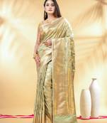 pistachio green katan banarasi silk blend saree with golden zari weaving