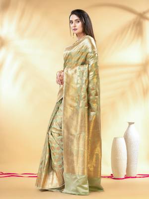 pistachio green katan banarasi silk blend saree with golden zari weaving 2