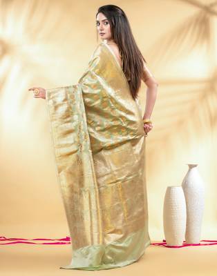 pistachio green katan banarasi silk blend saree with golden zari weaving 3