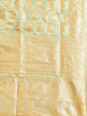pistachio green katan banarasi silk blend saree with golden zari weaving 4