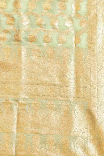 pistachio green katan banarasi silk blend saree with golden zari weaving