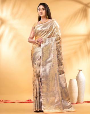 apricot katan banarasi silk blend saree with golden zari weaving 1