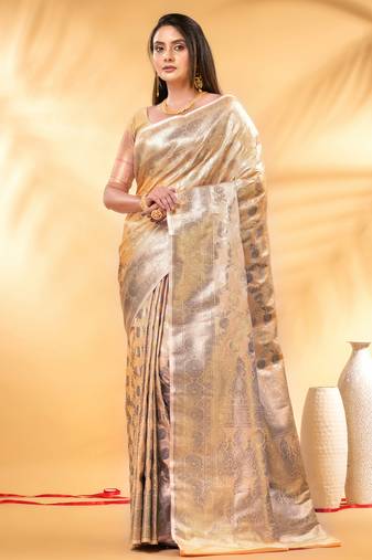 apricot katan banarasi silk blend saree with golden zari weaving