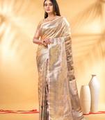 apricot katan banarasi silk blend saree with golden zari weaving