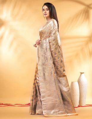 apricot katan banarasi silk blend saree with golden zari weaving 2