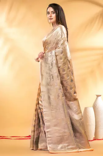 apricot katan banarasi silk blend saree with golden zari weaving