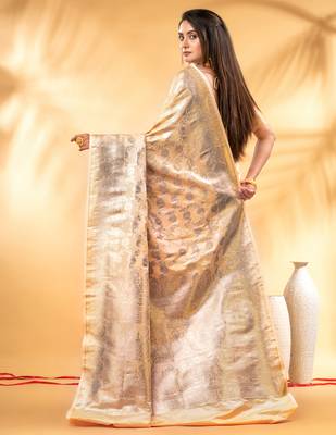 apricot katan banarasi silk blend saree with golden zari weaving 3