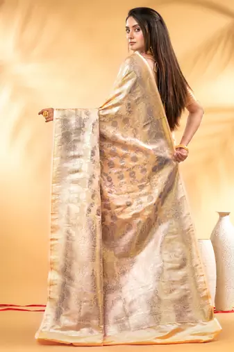 apricot katan banarasi silk blend saree with golden zari weaving