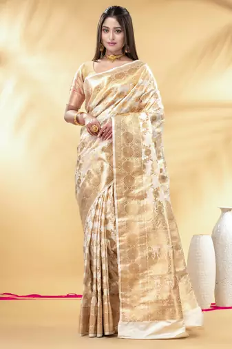 off white katan banarasi silk blend saree with golden zari weaving